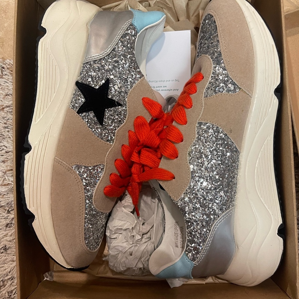Silver Glitter Sneakers with Red Laces
